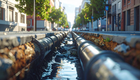 A low-angle view reveals the complex network of pipes and water mains running beneath a bustling city street.の素材