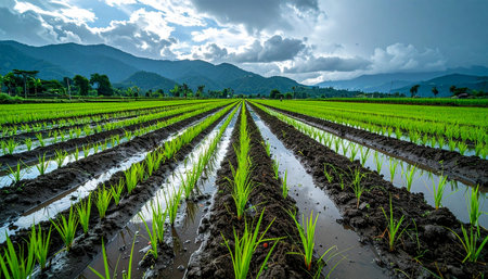 Perfectly aligned rows of young, green rice shoots emerge from the flooded paddies, creating leading lines that draw the eye towards a majestic mountain range under a dramatic, cloudy sky.の素材