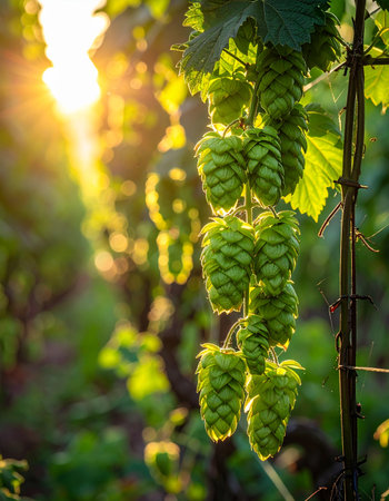 As the sun sets over a lush field, its golden rays illuminate ripe green hop cones hanging from the vine.の素材