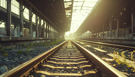 Golden morning light floods an empty train station, illuminating the parallel steel tracks that stretch towards a bright, unknown destination.の素材
