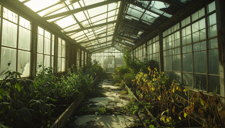 Sunlight streams through the dusty, broken panes of a long-forgotten greenhouse, illuminating a world where nature has staged a quiet takeover.の素材