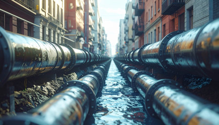 In a surreal cityscape where old-world architecture meets futuristic engineering, massive industrial pipelines replace a traditional canal.の素材