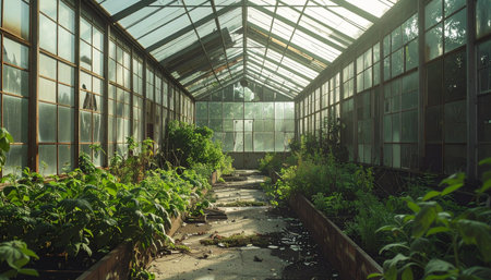 Sunlight filters through the glass panes of a long-forgotten greenhouse, illuminating rows of lush plants that have reclaimed the space.の素材
