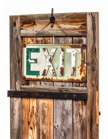 Marking the way out, this vintage exit sign offers a rustic symbol of escape, decision, and new beginnings.の素材