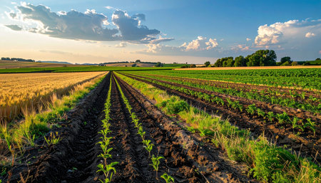 As the sun sets, casting a warm golden glow across the horizon, neat rows of young corn seedlings emerge from the rich, dark soil.の素材