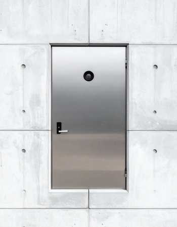 A sleek stainless steel door is set into a minimalist concrete wall, creating a powerful statement of modern, industrial design.の素材
