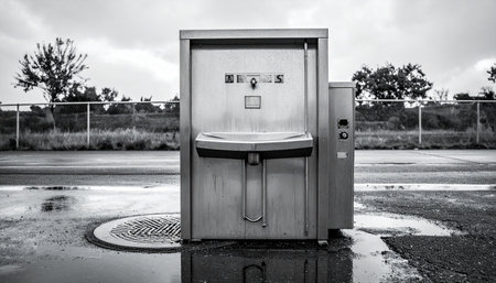 A lone public water fountain stands in a stark, urban setting after a rain shower.の素材