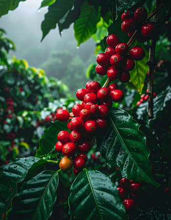 In the cool, misty highlands, a coffee branch hangs heavy with perfectly ripe, crimson cherries.の素材
