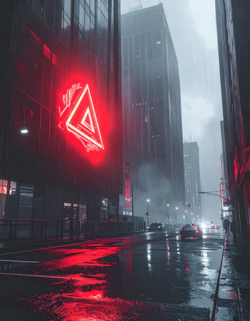 Rain slicks the asphalt of a deserted city street, where the intense red glow of a triangular neon sign cuts through the dense fog.の素材