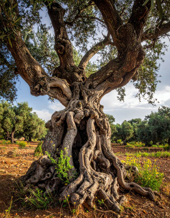 Standing as a testament to centuries of sun and seasons, the twisted, gnarled trunk of this ancient olive tree tells a story of resilience and endurance.の素材