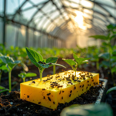 As the morning sun casts a golden glow across the greenhouse, tiny seedlings emerge, representing the promise of a new season.の素材