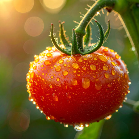 A perfect, ripe tomato hangs from the vine, covered in glistening morning dew.の素材