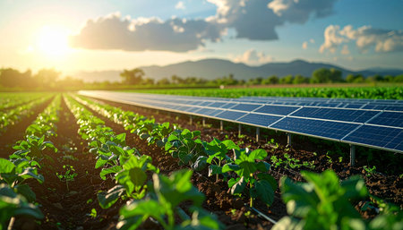 As the golden sun sets behind distant mountains, rows of solar panels stand in harmony with lush green crops.の素材