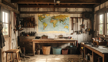 Inside a sun-drenched, rustic workshop, tools of the trade hang ready for the next project.の素材