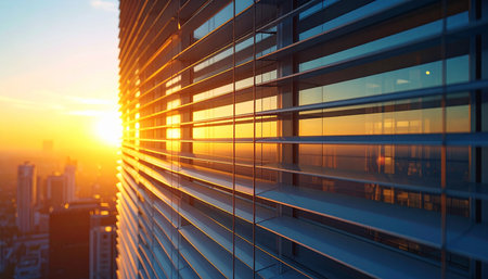 The last rays of the setting sun catch the side of a modern skyscraper, casting a warm, golden glow across its metallic facade.の素材