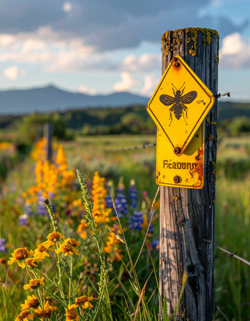 A weathered wooden fence post stands guard over a vibrant field of summer wildflowers.の素材