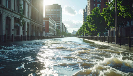 The morning sun illuminates a scene of urban catastrophe as a once-busy city street is transformed into a raging river.の素材