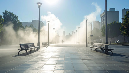 Early morning sun filters through a refreshing cloud of mist on a deserted city promenade.の素材