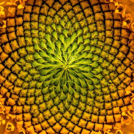 A mesmerizing macro view into the heart of a sunflower, revealing the perfect mathematical precision of nature.の素材
