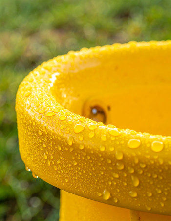 After a refreshing spring shower, tiny water droplets cling to a bright yellow plastic surface.の素材