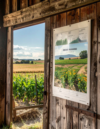 From the cool, shaded interior of a rustic wooden barn, an open doorway frames a picturesque view of a sun-drenched summer farm.の素材