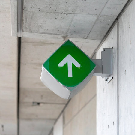 A bright green sign with an upward arrow provides clear direction against a stark, industrial concrete wall.の素材