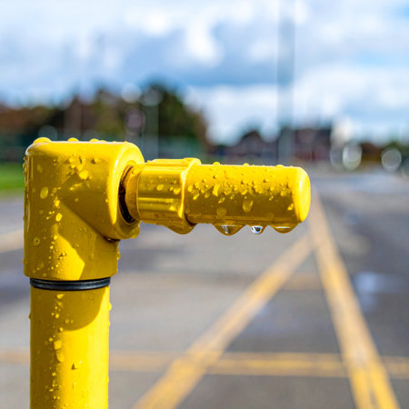 After a refreshing rain shower, water droplets cling to a bright yellow industrial pipe.の素材
