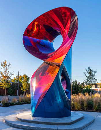 A stunning, iridescent sculpture twists towards the clear blue sky, its vibrant colors shifting with the light.の素材