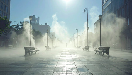 In the heart of the bustling city, a street transforms into a tranquil oasis as fountains erupt in a fine mist, cooling the air.の素材