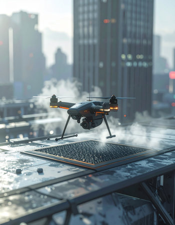 In the heart of a sprawling metropolis, a high-tech surveillance drone hovers over a rooftop vent, its mission shrouded in the city's misty haze.の素材