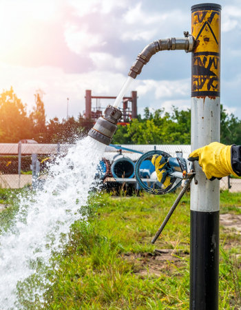 A utility worker in a protective glove opens a valve on an industrial hydrant, releasing a powerful torrent of water.の素材