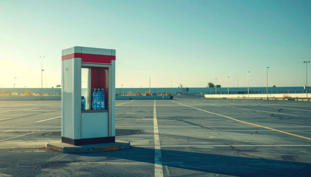 A solitary phone booth stands as a silent relic in a vast, empty parking lot during the quiet hours of dawn or dusk.の素材
