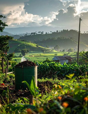 In a tranquil mountain valley bathed in the warm glow of the setting sun, a compost bin stands as a testament to sustainable living.の素材