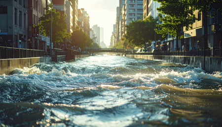 A once-bustling city street is transformed into a powerful, raging river.の素材