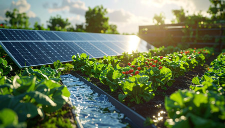 At the break of dawn, solar panels capture the first rays of sun, powering an innovative irrigation system that nourishes rows of vibrant vegetables.の素材