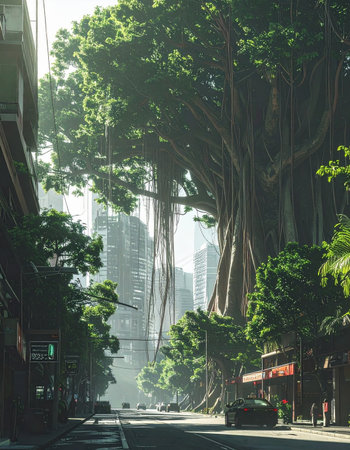 Early morning light filters through the immense canopy of an ancient banyan tree, creating a tranquil oasis on an otherwise quiet city street.の素材