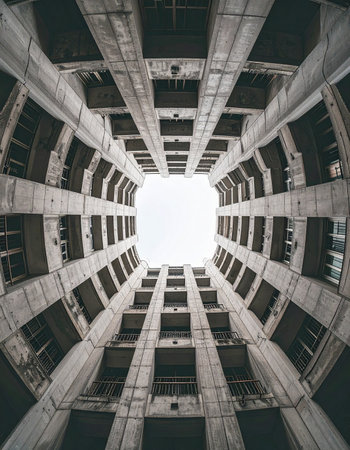 From the base of a towering concrete structure, a look upwards reveals a perfect square of sky.の素材