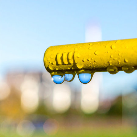 A macro view captures crystal-clear water droplets clinging to a vibrant yellow bar after a refreshing rain. Each drop acts as a tiny lens, perfectly reflecting the bright blue sky on a sunny day.の素材