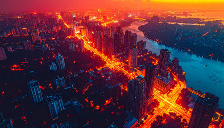 As twilight descends, a sprawling metropolis awakens with a fiery glow. Arteries of light pulse through the urban canyon, tracing the paths of highways and illuminating towering skyscrapers.の素材