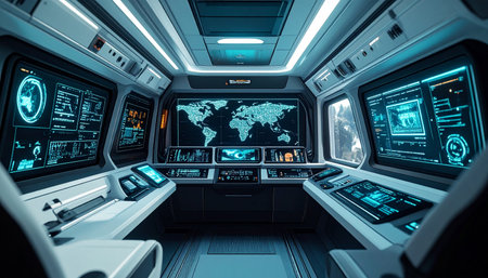 The nerve center of a global operation hums with quiet efficiency. Glowing screens display real-time data from around the world, awaiting the next critical command.の素材