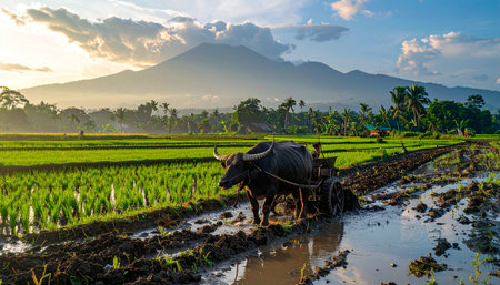 As the sun rises over a distant mountain, a farmer and his loyal water buffalo begin the day's work.の素材