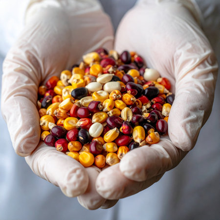 A researcher in sterile gloves carefully inspects a handful of diverse, colorful corn kernels.の素材