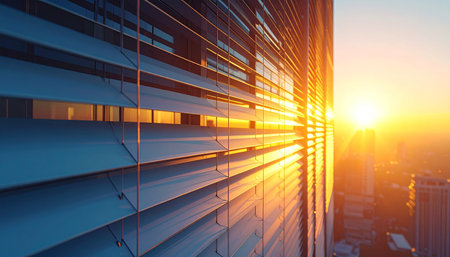 As the sun sets over the city, its last golden rays slice through the blinds of a modern high-rise office.の素材