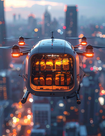 An autonomous air taxi glides silently through the twilight sky, its warm, illuminated cabin a beacon of comfort against the cool bokeh of the sprawling metropolis below.の素材