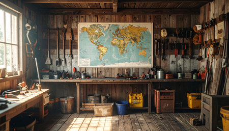 Sunlight streams into a classic, wood-paneled artisan's workshop, illuminating dust motes and a collection of well-loved tools.の素材