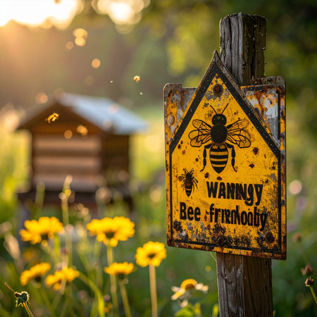 A weathered warning sign stands guard at a rustic apiary, its message a gentle reminder of the busy life within the beehive.の素材
