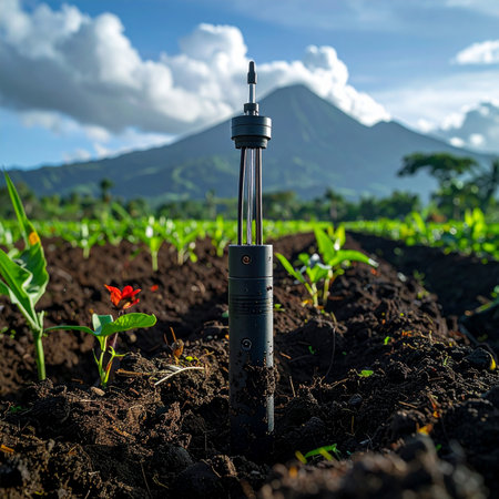 A high-tech soil sensor stands guard in a fertile field, collecting vital data against the backdrop of a majestic mountain.の素材
