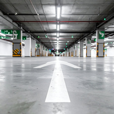 From a low-angle perspective, a bold white arrow on a clean concrete floor points the way forward into a vast, empty underground parking garage.の素材