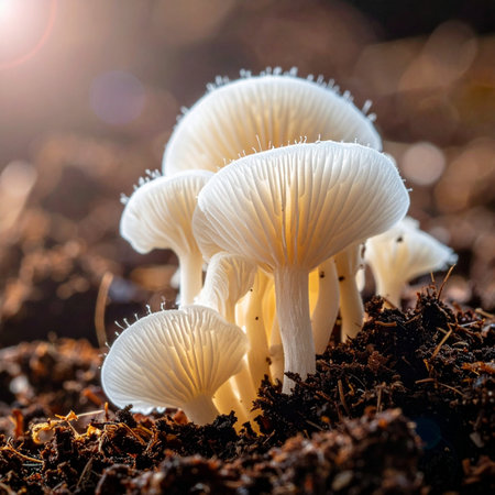 A cluster of delicate white mushrooms emerges from the rich, dark earth, their translucent gills beautifully illuminated by a warm, magical ray of sunlight.の素材