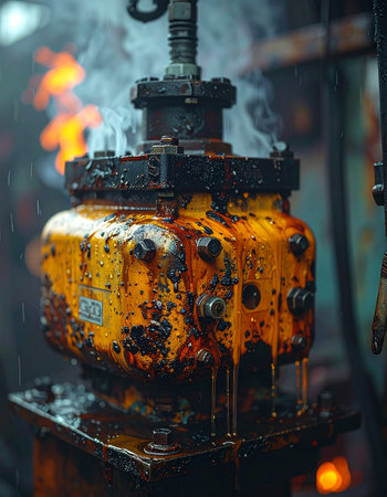 In the heart of a bustling factory, an old, heavy-duty valve works tirelessly.の素材
